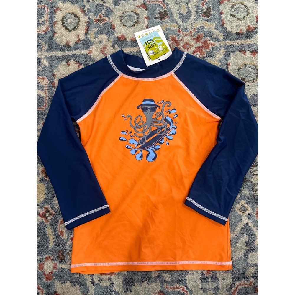 Flap Happy Rash Guard Boys 6X/7 Orange Navy Surfing Octopus UPF 50+ NWT